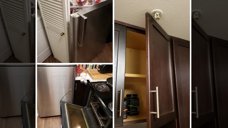 Poorly planned kitchen layout with cabinet and appliance doors crashing into other kitchen elements