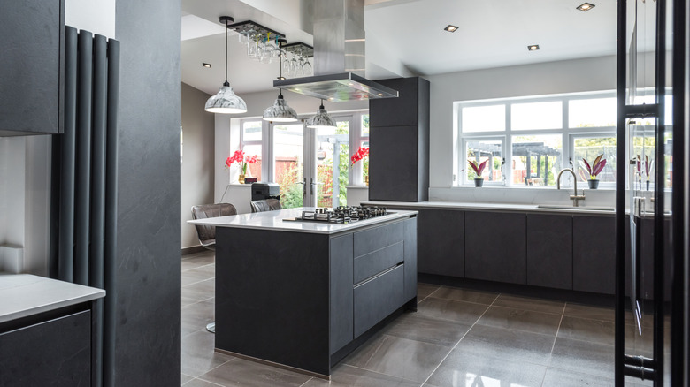 Minimalist kitchen with grey and slate interiors