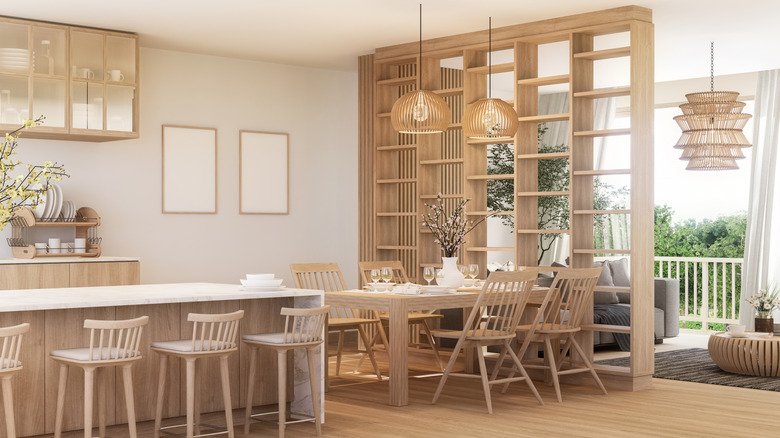 Broken-plan kitchen design with wooden partition