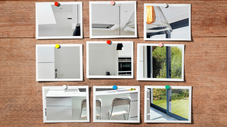 Several detail interior shots pinned on a wooden board