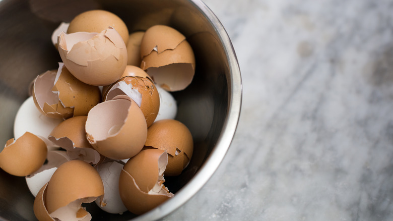 Cracked brown and white egg shells in a stainless steel bowl