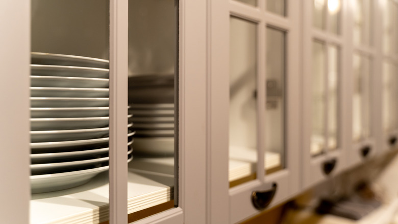 Rows of plates stacked inside gray cabinet with glass doors