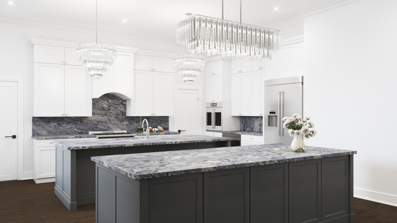 Modern spacious kitchen with double kitchen islands in dark colors