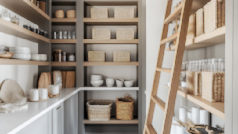 Blurred background image of modern kitchen interior with pantry ladder against organized shelves
