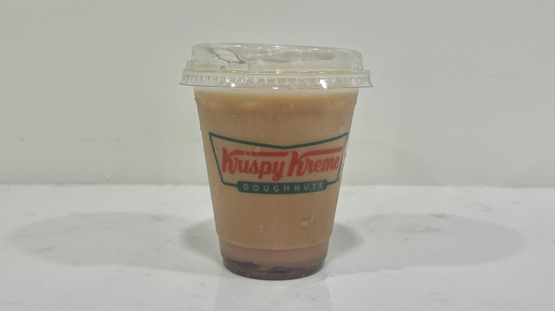 Krispy Kreme iced mocha specialty latte in to-go cup.