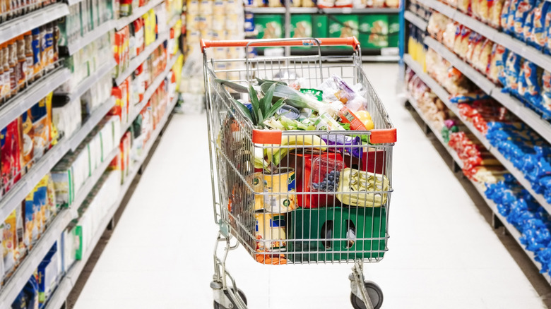 grocery cart in the store full of groceries