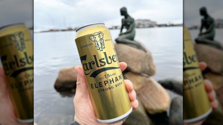 Hand holding Carlsberg Elephant can in front of Little Mermaid statue in Denmark