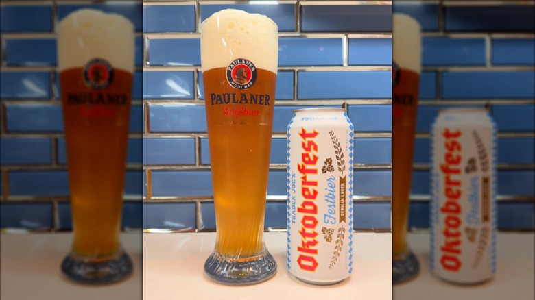 Can and glass of Trader Joe's Festbier.