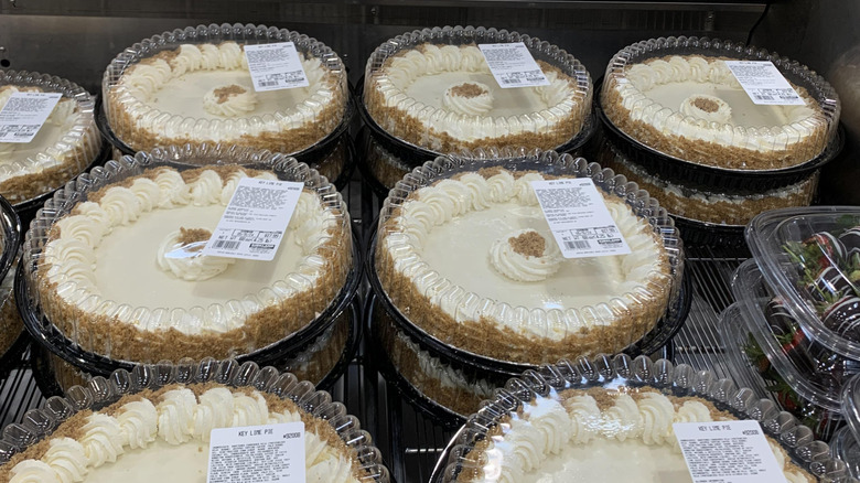 Key limes pies in containers stacked at Costco