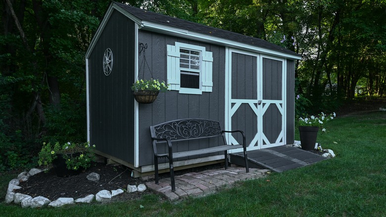 Landscaped backyard storage shed