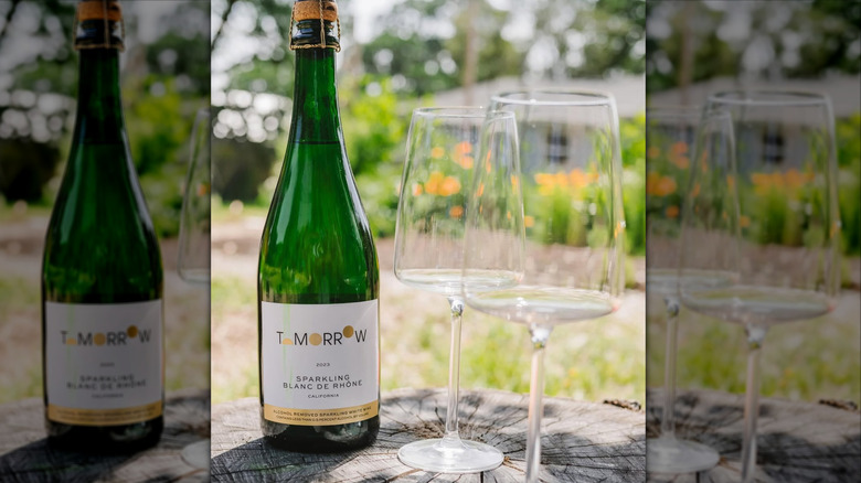 mirror image of a bottle of sparkling wine with two glasses