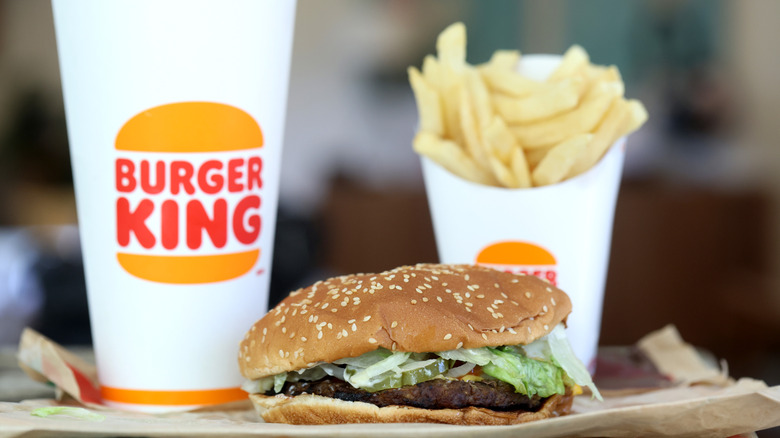 A Burger King meal with burger, fries and drink