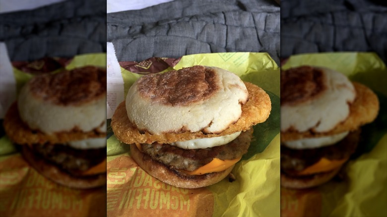 McDonald's sausage McMuffin with hash brown inside