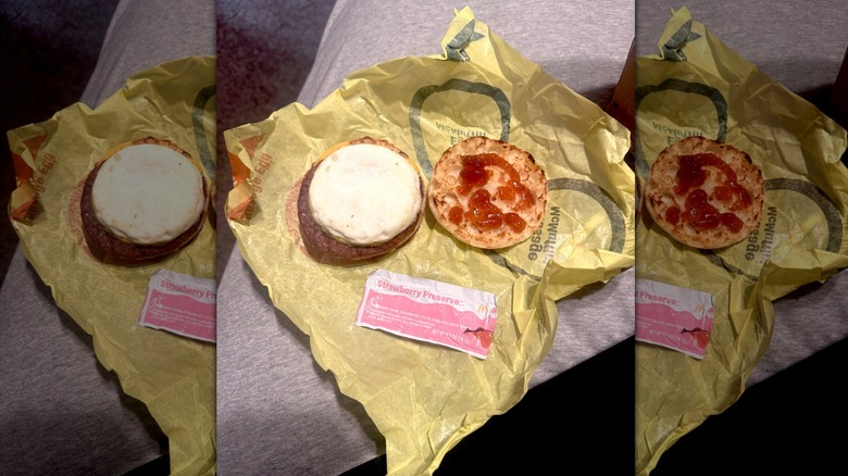 Disassembled McDonald's McMuffin with strawberry preserves added to top half of bun