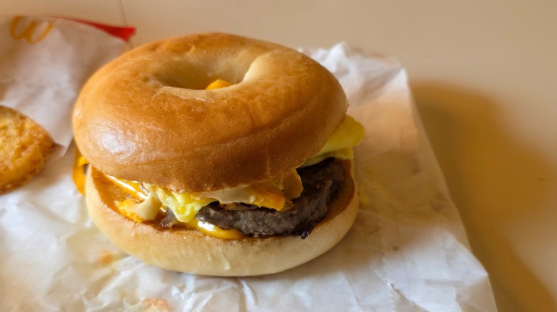An unwrapped McDonald's Steak, Egg, and Cheese Bagel