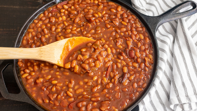 Pork and beans in a cast iron pot