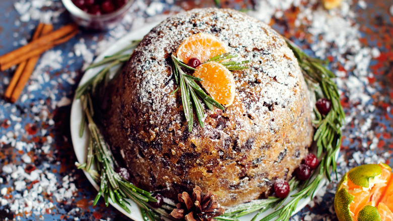 English plum pudding on table