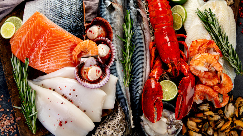 A variety of seafood clustered together