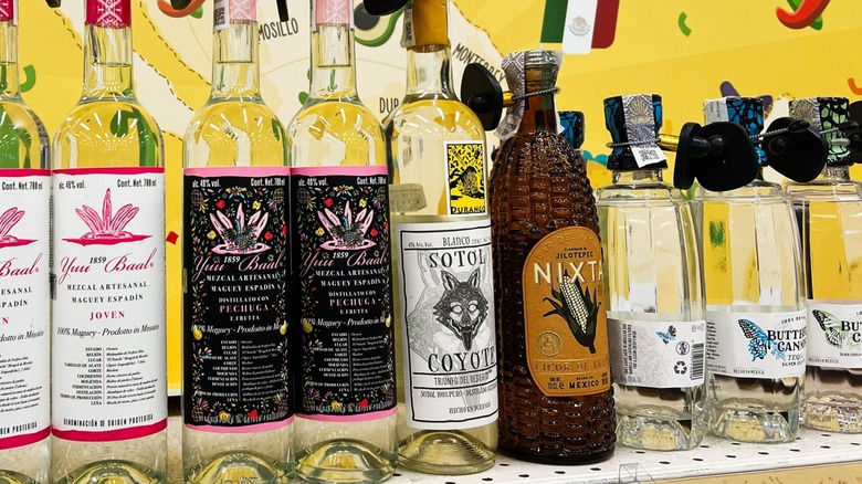 Mexican crafted spirits showcased on a shelf featuring vibrant cultural elements and branding