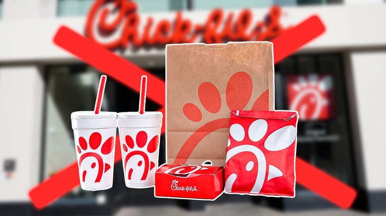 Chick-fil-A takeout containers covering a red X