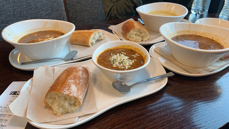 Soup bowls from Panera on a table