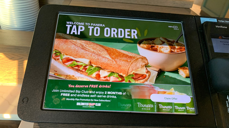 Panera Sip Club offer at self order kiosk station inside Panera Bread restaurant