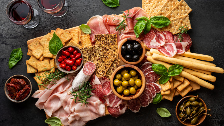 Charcuterie board with many different elements