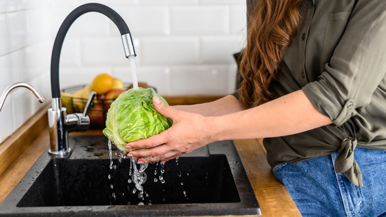 A person running water over a whole cabbage in the kitchen sink