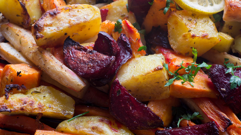 Roasted root vegetables in a heap