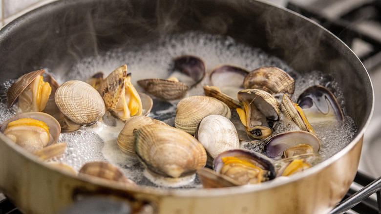Clams being steamed in a pan