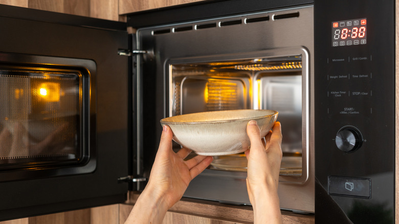 Person putting bowl of soup in microwave