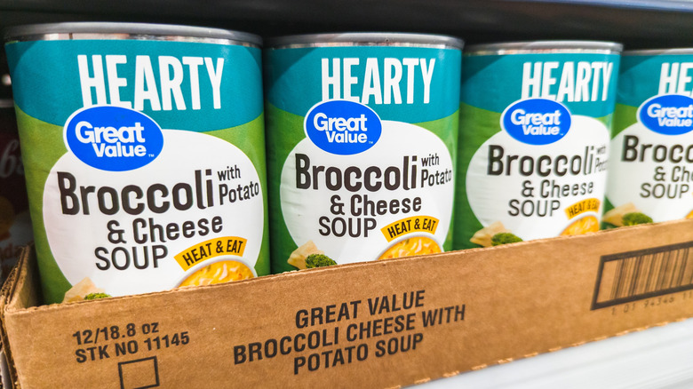 Cans of Great Value broccoli and cheese soup