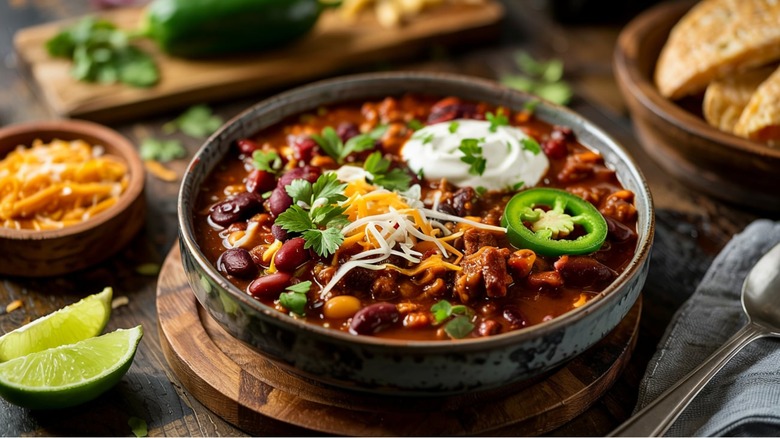 Bowl of chili con carne with colorful garnishes