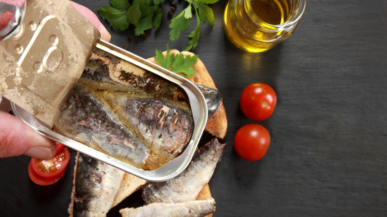 Close up of canned sardines in oil
