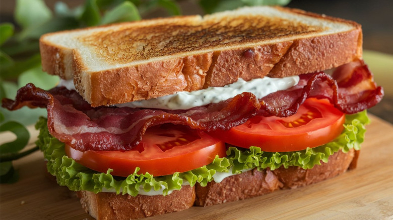 BLT sandwich on wooden cutting board
