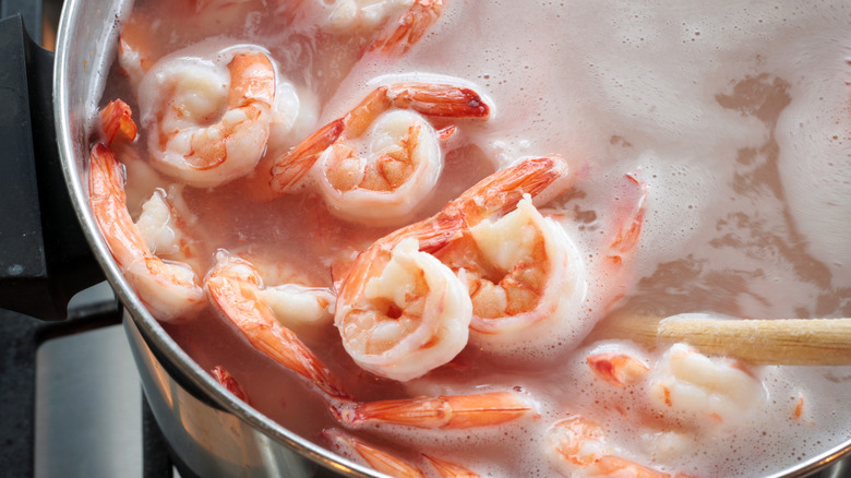 Shrimp in a pot of boiling water