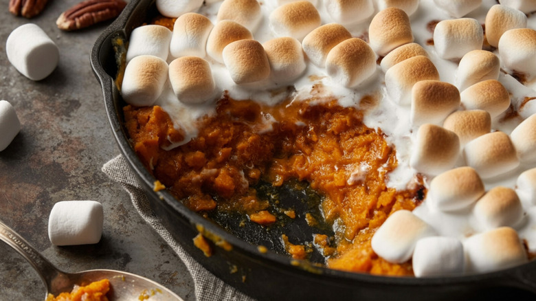 Sweet potato casserole with marshmallows in black baking dish