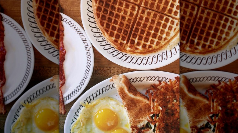 Waffle House All-Star Special on white plates on table