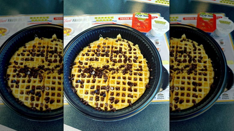 Chocolate chip waffle in to-go container at Waffle House