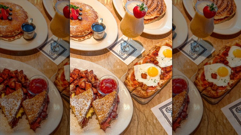 Various brunch dishes at The Cheesecake Factory on table