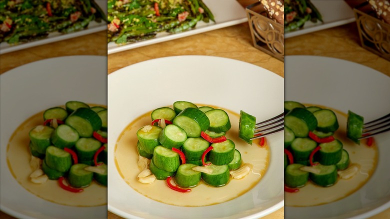 Cucumber salad on white plate at The Cheesecake Factory