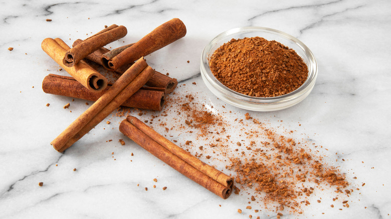 Whole and powdered cinnamon on marble countertop