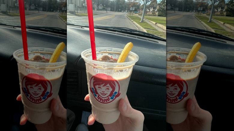 Hand holding Wendy's Frosty with fry inside