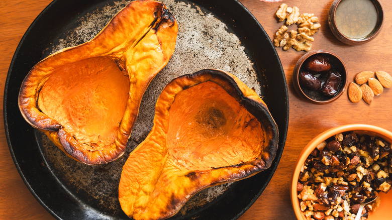 Roasted butternut squash on cast iron pan