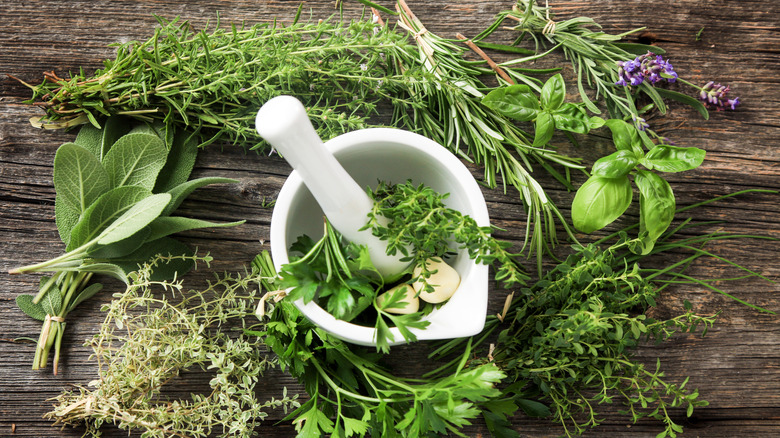Fresh herbs on a board
