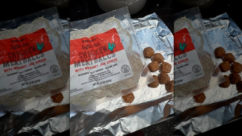 Trader Joe's Buffalo Style Chicken Meatballs on foil lined plate