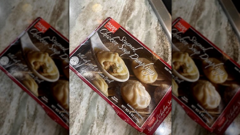 Trader Joe's Steamed Chicken Soup Dumplings in box on counter
