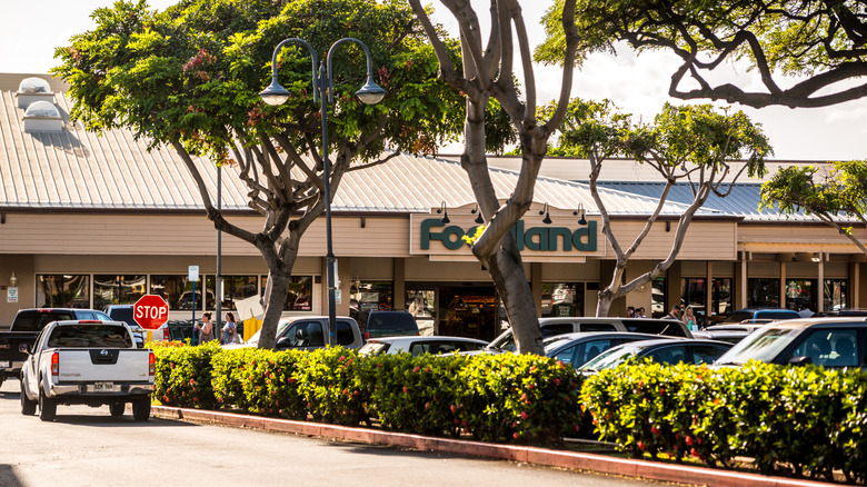 Exterior of Foodland from parking lot with trees and bushes