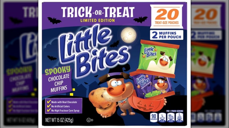 A box of Entenmann's Halloween Little Bites chocolate chip muffins on white background