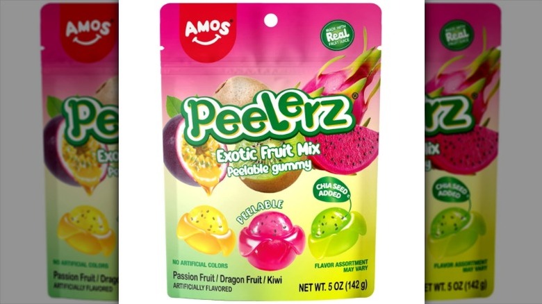 A bag of AMOS Peelerz Exotic Fruit Mix gummies with chia seeds on white background